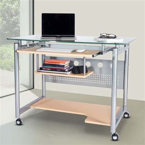 Rolling Glass Computer Desk With Keyboard Tray Home Office Desks