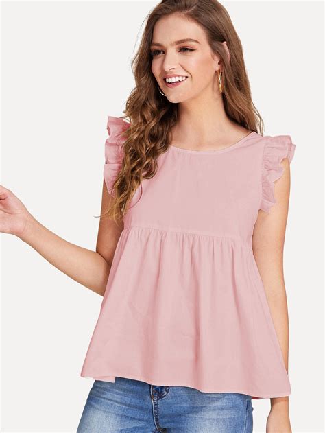 Ruffle Trim Knot Back Smock Top Sheinsheinside Plain Tops Smock