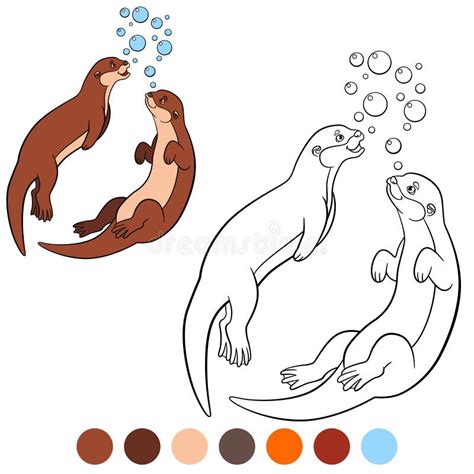Coloring Page Two Little Cute Otters Swim Stock Vector Illustration