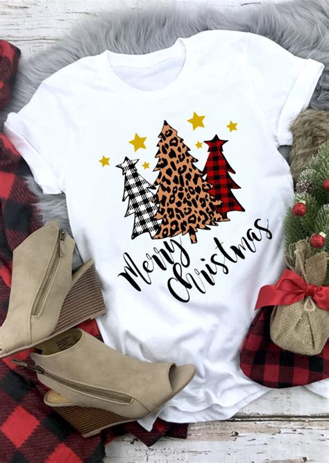 Plaid Leopard Printed Merry Christmas Trees T Shirt Tee Gray