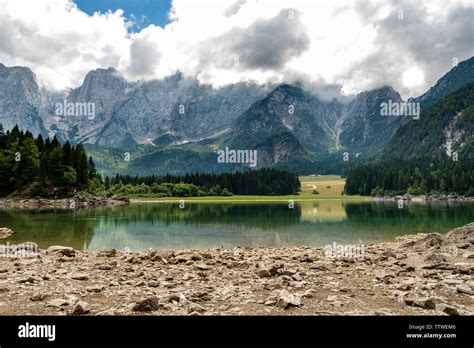 The Small Fusine Lake Lago Di Fusine And The Julian Alps Mount