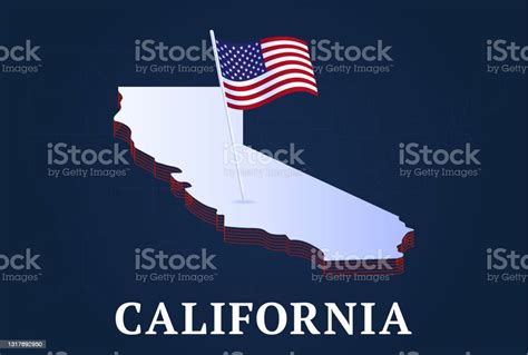 ilustración de mapa isométrico del estado de california y la bandera natioanl de eeuu forma