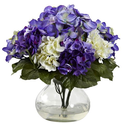 11 inch indoor silk mixed blue purple hydrangea in decorative glass vase 1364 bp
