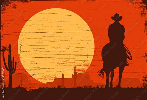 Silhouette Of Cowboy Riding Horses At Sunset Vector Stock Vektorgrafik