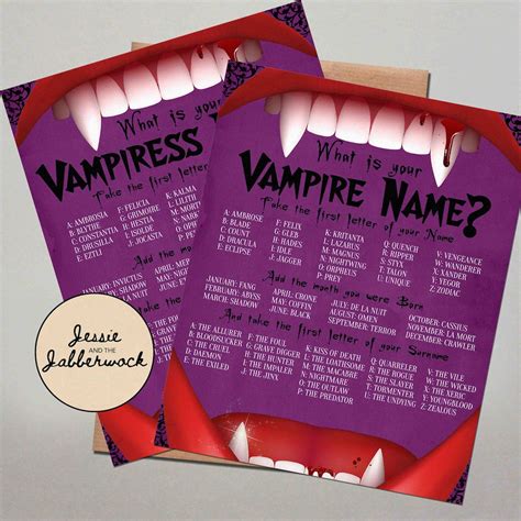 Whats Your Vampire Name Printable Instant Download Party Game