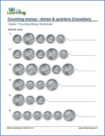 1st grade math worksheets money pdf. Grade 1 counting money worksheets - dimes and quarters (Canadian) | K5 Learning
