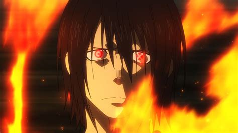An Anime Character With Red Eyes Standing In Front Of Flames