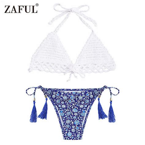 Zaful Bikini Women New Crochet Tiny Floral String Bikini Mid Waisted