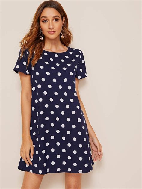 Navy Blue Round Neck Short Sleeve Polka Dot Tunic Mini Dress In