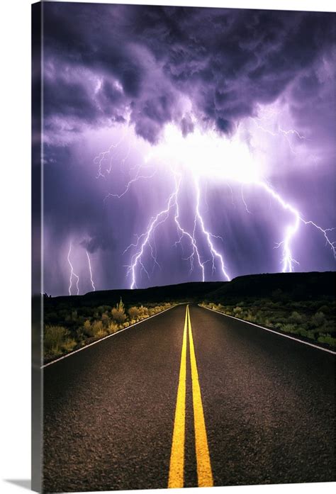 Lightning Storm Over Mountain Road Wall Art Canvas Prints Framed