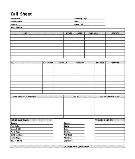 Download Free Call Sheet Template Printable Templates