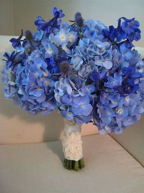Blue Hydrangea Delphinium Thistle Blue Wedding Flowers Bouquet