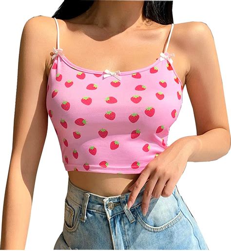 Pink Crop Tops Y2k For Women Womens Summer Fashion Sleeveless Strawberry Print Casual Vest Top