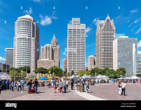 The Downtown Skyline From Hart Plaza Detroit Michigan Usa Stock