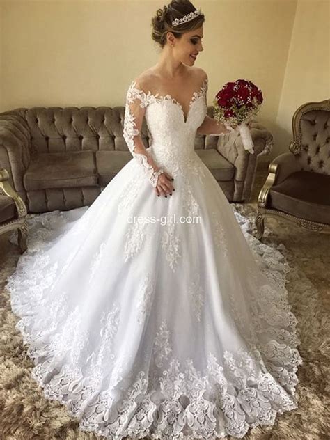 Buy cheap beach wedding dresses in 2021 new styles at hebeos.com. Elegant Ball Gown Round Neck Long Sleeve White Lace ...