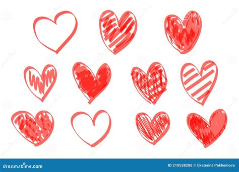 Red Highlighter Scribble Hearts Hand Drawn Heart Set Abstract Red