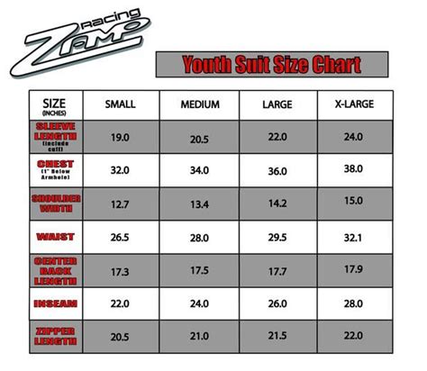 Zamp Youth Race Suit Size Chart
