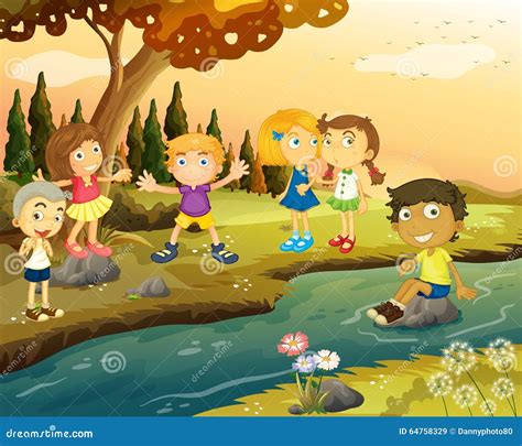 Boys And Girls By The River Stock Illustration Illustration Of