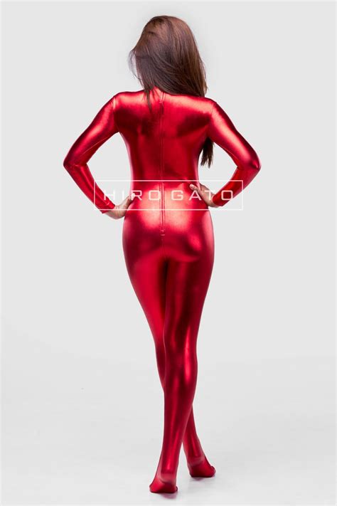 red shiny metallic catsuit spandex lycra zentai bodysuit