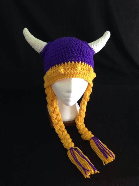 Crochet Pattern Viking Helmet Hat Pattern With Braids And Horns Purple