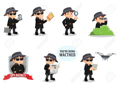 Cartoon Character Set Of Spy Agent In Various Poses And Actions Stock