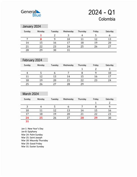 Q1 2024 Quarterly Calendar With Colombia Holidays Pdf Excel Word