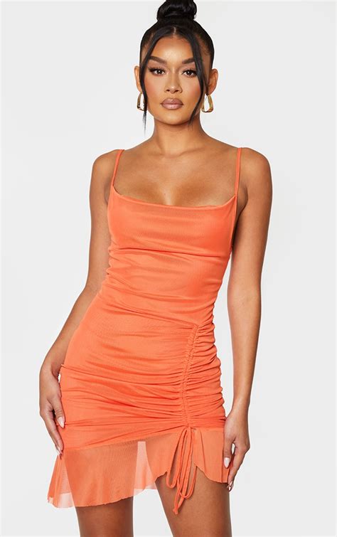 Bright Orange Mesh Ruched Bodycon Dress