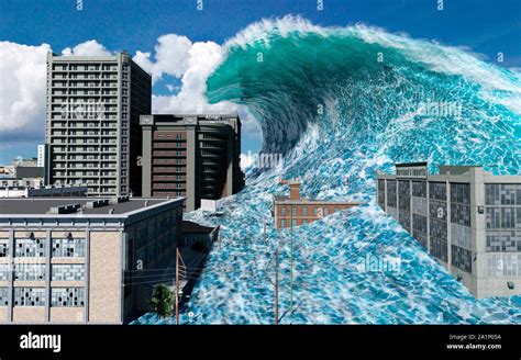 3d Illustration Tsunami Wave Apocalyptic Water View Urban Flood Storm