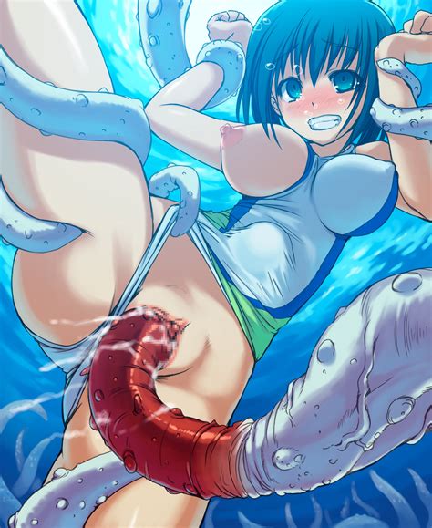 Rule 34 Blue Eyes Blush Bubbles Clenched Teeth Mizugi Nipples One Piece Swimsuit One Breast