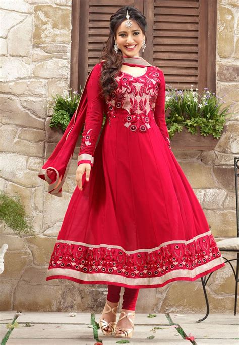 Red Color Designer Anarkali Suit On Georgette Fabric The Suit Has