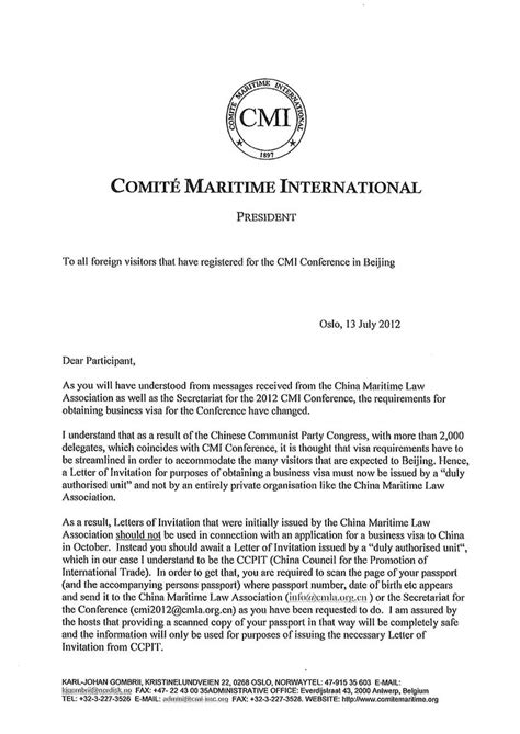 In a memo form of business correspondence, every component of the memo is aligned to the left. Correspondence From The President Comite Maritime InternationalVisa Application Letter ...