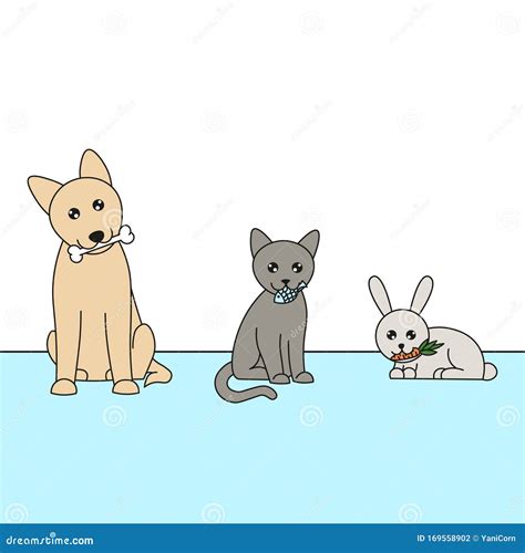 Set Of Cute Vector Pets Icons Dog Cat And Rabbit With Food In Mouth