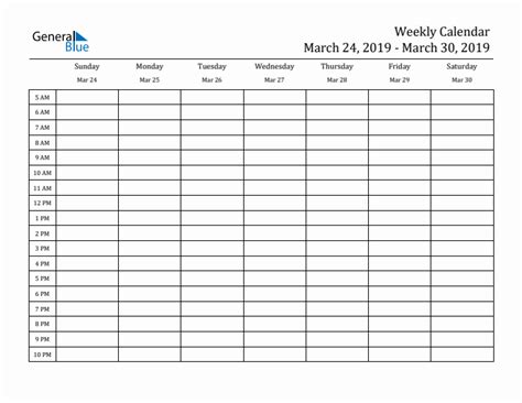 Weekly Calendar March 24 2019 To March 30 2019 Pdf Word Excel