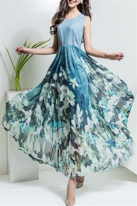 Light Blue 3xl Floral V Neck Maxi Chiffon Flowy Dress