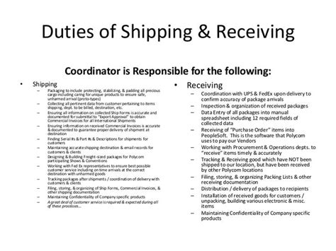 Duties Of Shipping And Receiving Coordinator Is Responsible For The