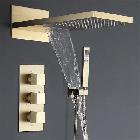 Brushed Gold Shower System With Waterfall Tub Spout Shower Faucet Set