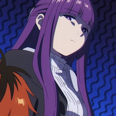 An Anime Character With Long Purple Hair Standing In Front Of A Dark