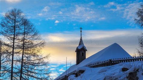 Snowy Old Church At Sunset Stock Image Image Of Sunset Tourism