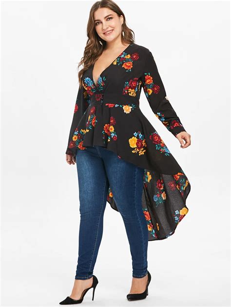 Wipalo Plus Size Sexy V Neck High Low Floral Maxi Blouse Autumn Long
