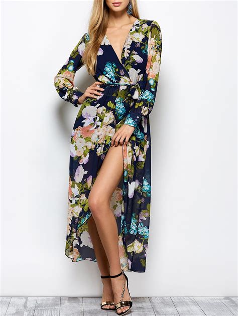 37 Off Slit Floral Surplice Long Sleeve Hawaiian Maxi Dress Rosegal