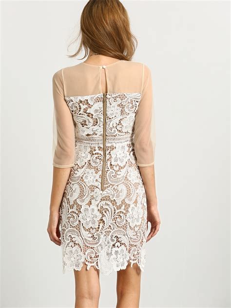 White Sheer Mesh Floral Crochet Lace Dress Sheinsheinside