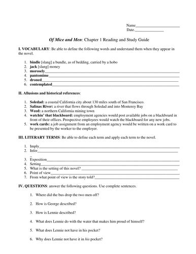Of Mice And Men Worksheets Teaching Resources