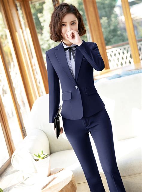 Novelty Navy Blue Women Business Suits With Jackets And Pants 2019