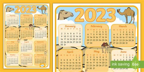 Free Camel Themed 2023 Wall Calendar Teacher Made