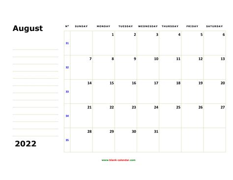 Free Download Printable August 2022 Calendar Large Box Holidays