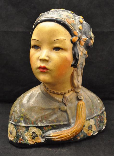 Antique Chalkware Bust Statue Asian Women W Tag Celona Kindel And Graham