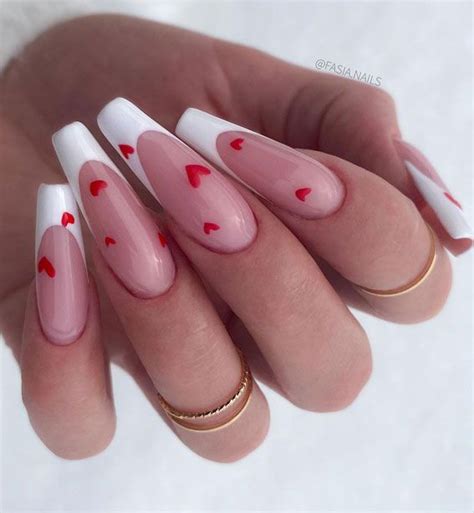 Beautiful Valentines Day Nails 2021 Red Love Heart White Tip Nails