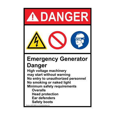 Portrait Ansi Emergency Generator Sign With Symbol Adep 28603