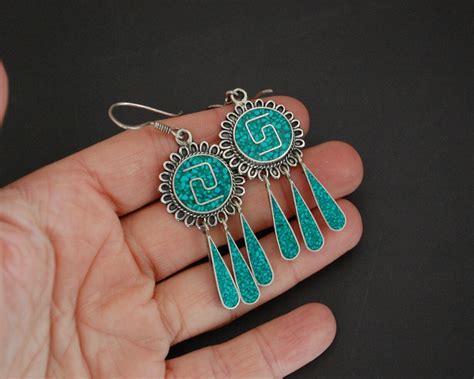 Mexican Turquoise Inlay Earrings With Dangles Mexican Etsy