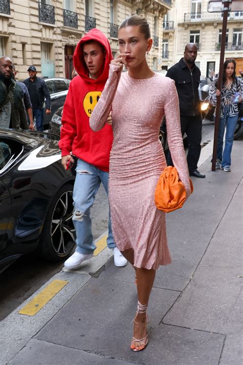 Hailey Bieber S Wears Top To Toe Lilac And Many Bottega Veneta Pouches In Paris